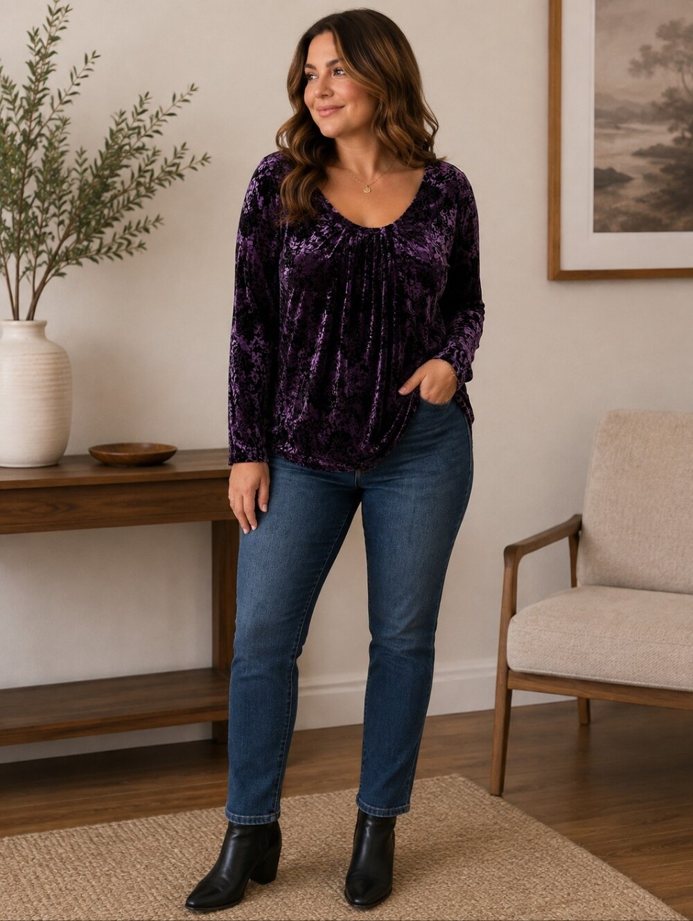 Elegant Purple Velvet Burnout Scoop Neck Top